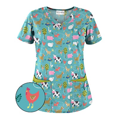 UA On The Farm Amazing Aqua Print Scrub Top
