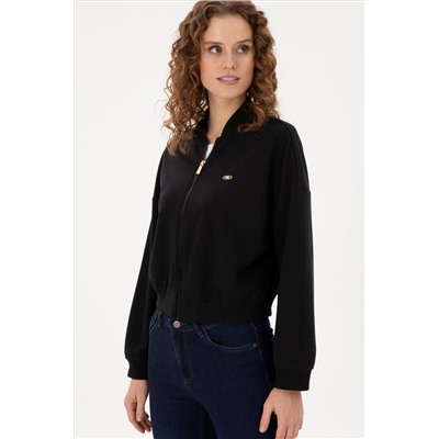 Kadın Siyah Bisiklet Yaka Fermuarlı Sweatshirt