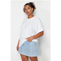 Beyaz Kalp Aksesuar Detaylı Oversize %100 Pamuk Örme T-shirt TBBSS24BF00008