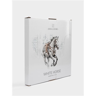 Тарелка обеденная, 28 см, фарфор N, белая, с серебристым кантом, Конь, White horse