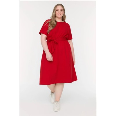 Kırmızı Kuşaklı Bisiklet Yaka Örme Elbise TBBSS22AH0242