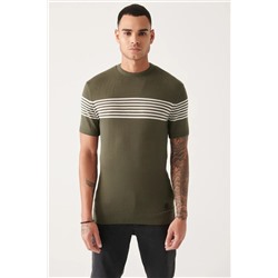 Avva, Erkek Haki Bisiklet Yaka Göğsü Ve Kolu Çizgi Detaylı Triko T-shirt A31y5116