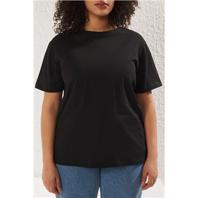 Siyah Regular Fit Sırtı Bağlama/Fiyonk Detaylı Örme Büyük Beden T-shirt TBBSS25BF00000