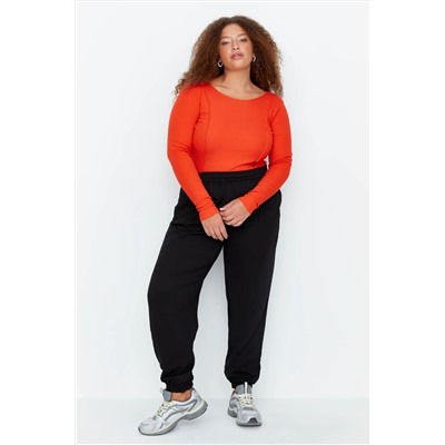Siyah Loose Jogger İnce Paçası Lastikli Esnek Bel Örme Büyük Beden Eşofman Altı TBBAW23AJ00002