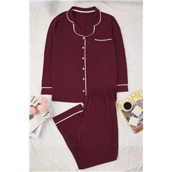 Bordo Biye Detaylı Gömlek Yaka Örme Pijama Takımı TBBAW26AI00032