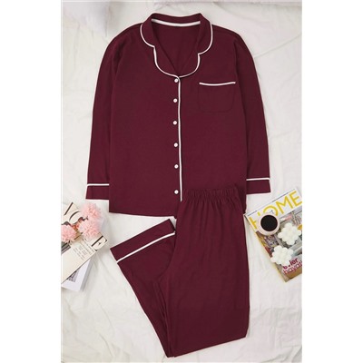 Bordo Biye Detaylı Gömlek Yaka Örme Pijama Takımı TBBAW26AI00032