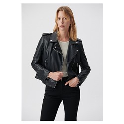 MaviBiker Yaka Siya Suni Deri Ceket Slim Fit / Dar Kesim 1110221-900
