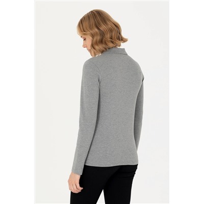 Kadın Gri Melanj Basic Polo Yaka Sweatshirt