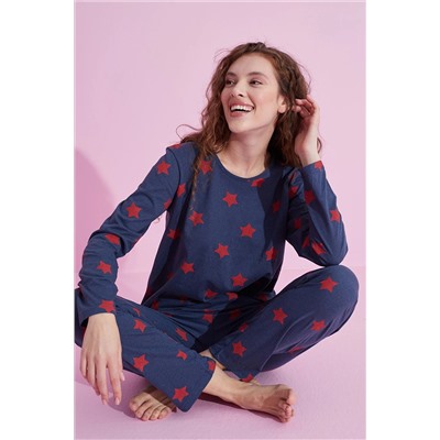 Siyah İnci indigo yıldız desenli Pamuklu Pijama Takımı 7613