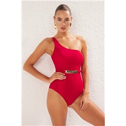 TRENDYOLMİLLA Kırmızı Tek Omuz Aksesuarlı Regular Mayo TBESS25MA00090