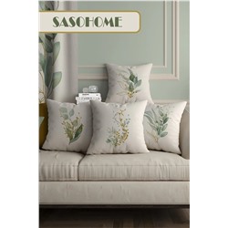 SasoHome Sade Modern Tasarımlı Yeşil Yapraklar Desenli 4 Lü Kombin Dijital Baskılı Kırlent - Yastık Kılıfı YKomb-007
