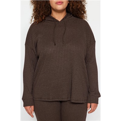 Kahverengi Kapüşonlu Yaka Relaxed Fit Örme Kaşkorse Büyük Beden Alt-Üst Takım TBBAW23CP00016