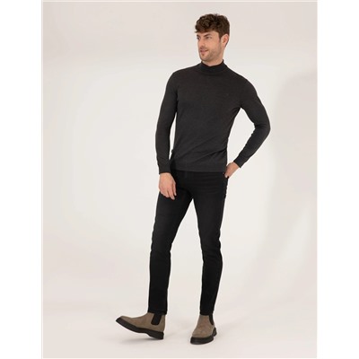 Antrasit Melanj Slim Fit Yarım Balıkçı Basic Triko Kazak