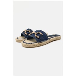 DENIM AND JUTE FLAT SLIDER SANDALS