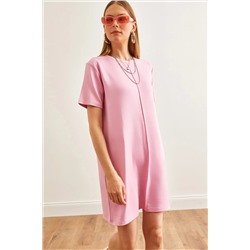 Olalook, Kadın Pembe Önü Dikişli Yumuşak Dokulu Mini Elbise ELB-19002087