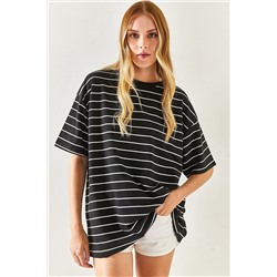 Olalook Kadın Siyah Çizgili 2 İp Oversize Unisex Tişört TSH-19000764