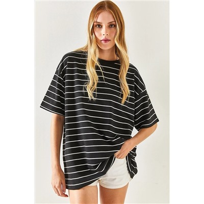 Olalook Kadın Siyah Çizgili 2 İp Oversize Unisex Tişört TSH-19000764