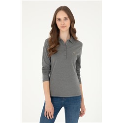 Kadın Antrasit Melanj Basic Polo Yaka Sweatshirt