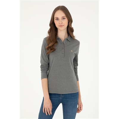 Kadın Antrasit Melanj Basic Polo Yaka Sweatshirt