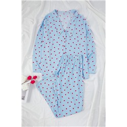 More Sustainable Mavi Çizgi&Kalp Desenli Gömlek Yaka Dokuma Pijama Takımı TBBAW26AI00029