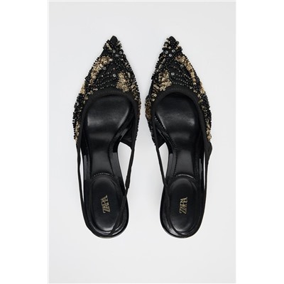 BEADED MESH HIGH-HEEL SLINGBACKS