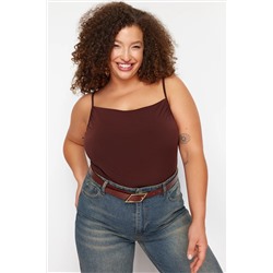Kahverengi Degaje Yaka Askılı Örme Bluz TBBSS24AF00006