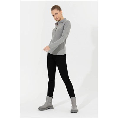 Kadın Gri Melanj Basic Polo Yaka Sweatshirt