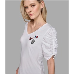 RUCHED SHORT SLEEVE TOP WITH PINS