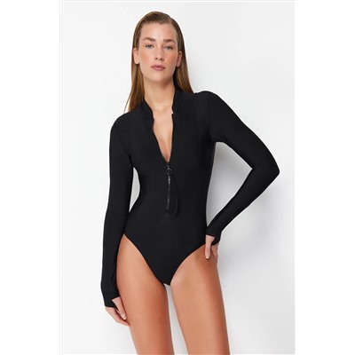 Trendyolmilla Siyah Fermuarlı Uzun Kollu Regular Sörf Mayo TBESS24MA00142