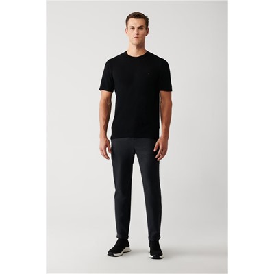 Siyah Bisiklet Yaka Pamuklu Regular Fit Standart Kesim İnce Triko T-Shirt