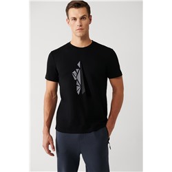 Siyah Bisiklet Yaka Kısa Kollu Flok Baskılı Regular Fit Standart Kesim T-Shirt