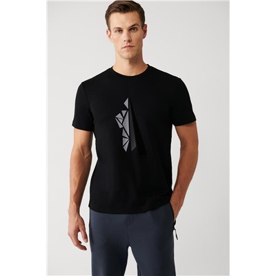 Siyah Bisiklet Yaka Kısa Kollu Flok Baskılı Regular Fit Standart Kesim T-Shirt