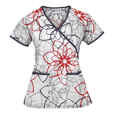 UA Floral Ink White Mock Wrap Scrub Top
