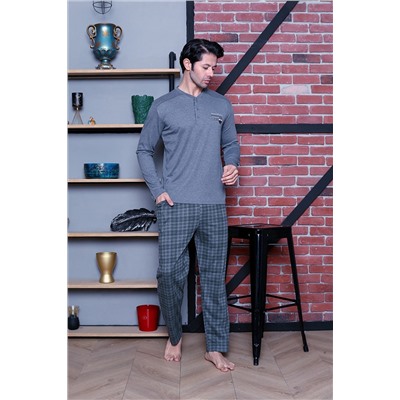 AHENGİM Man Erkek Pijama Takımı Interlok Omuz Parçalı Altı Ekoseli Pamuklu Mevsimlik M70112273 1-2-10001216