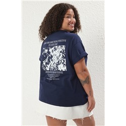 Lacivert Oversize Fit %100 Pamuk Ön ve Arka Baskılı Örme Büyük Beden T-Shirt TBBSS25BF00002