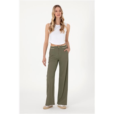 Kadın Koyu Haki Loose Fit Kanvas Pantolon
