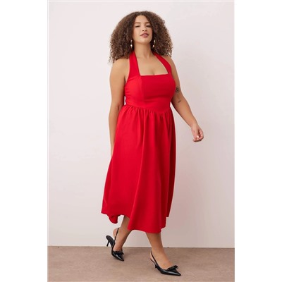 Kırmızı Kare Yaka Skater Midi Finike Dokuma Büyük Beden Elbise TBBSS25AH00255