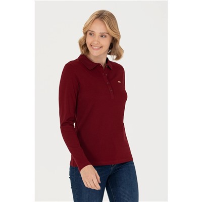Kadın Bordo Basic Polo Yaka Sweatshirt