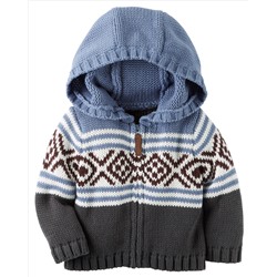 Hooded Zip-Front Fair Isle Cardigan