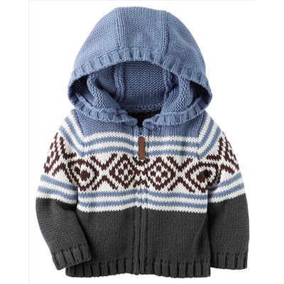 Hooded Zip-Front Fair Isle Cardigan