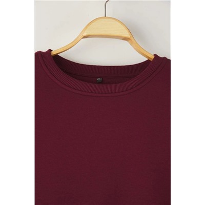 Bordo Oversize/Rahat Kesim Basic Bisiklet Yaka Kalın/İçi polarlı Örme Sweatshirt TBBAW25AO00008