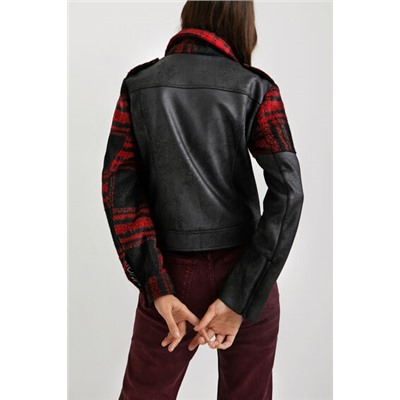 Chaqueta biker tartán-piel sintética