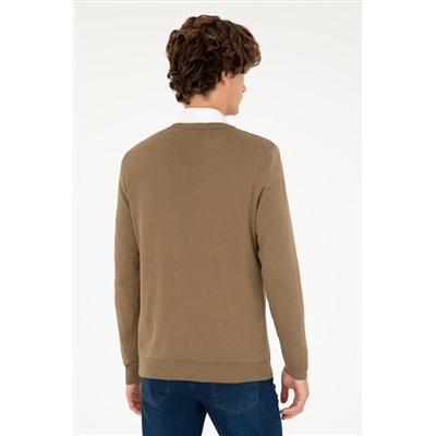 Erkek Slim Fit V Yaka Haki Basic Kazak