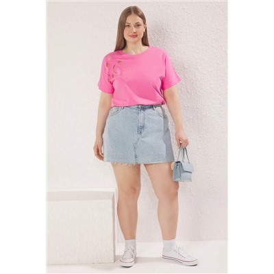 Pembe Detaylı Basic %100 Pamuk Örme T-shirt TBBSS24BF00055