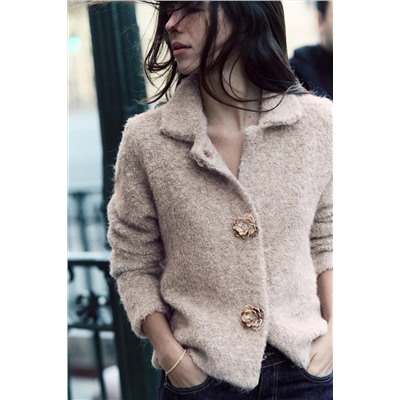 FAUX FUR KNIT JACKET WITH FLOWER BUTTONS