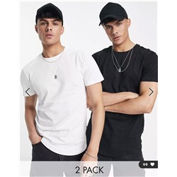 Only & Sons 2 pack longline curved hem t-shirt in black & white