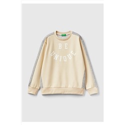 United Colors of BenettonErkek Çocuk Bej Slogan Baskılı Yanı Şeritli Renk Bloklu Sweatshirt