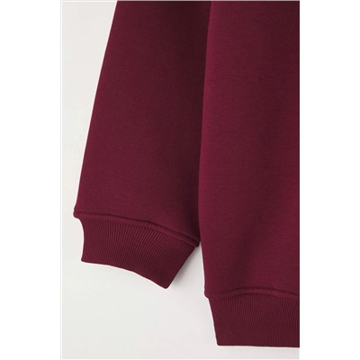 Bordo Oversize/Rahat Kesim Basic Bisiklet Yaka Kalın/İçi polarlı Örme Sweatshirt TBBAW25AO00008