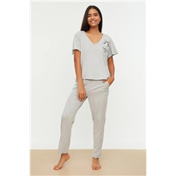 TRENDYOLMİLLA Gri Kedi Baskılı Kol Volan Detaylı T-shirt-Pantolon Örme Pijama Takımı THMSS20PT0172