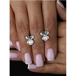 Серьги-пусеты из серебра с жемчугом Swarovski и фианитами родированные - Бантики 2-146р1001